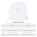 Size chart for Comfort Colors 6014 long sleeve t-shirts in Black, White, Crimson, Granite, Graphite, True Navy, Pepper, Hemp, Midnight, Light Green, Blue Jean, Chambray, Blossom