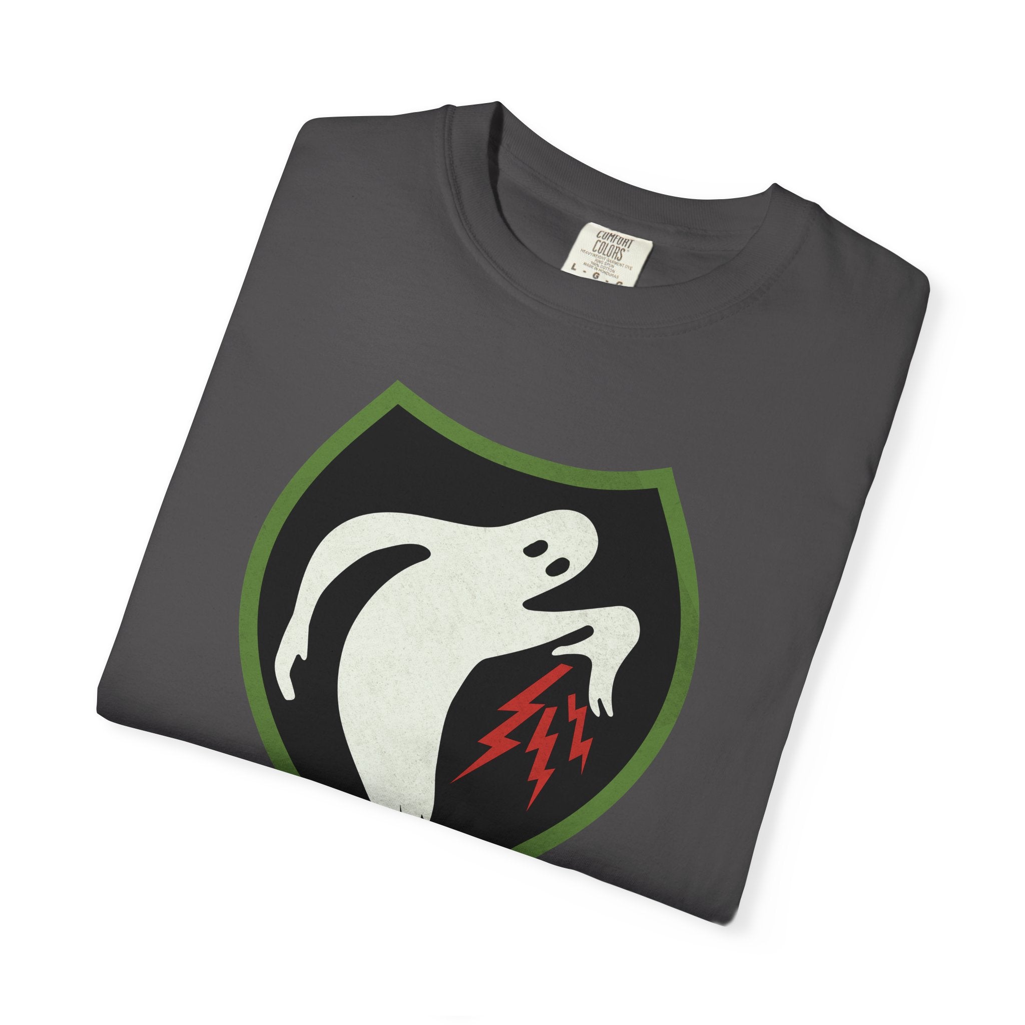 Folded Ghost Army 23rd Special Troops WWII insignia t-shirt in Graphite on Comfort Colors blank