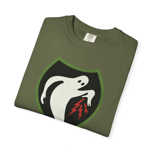 Folded Ghost Army 23rd Special Troops WWII insignia t-shirt in hemp on Comfort Colors blank