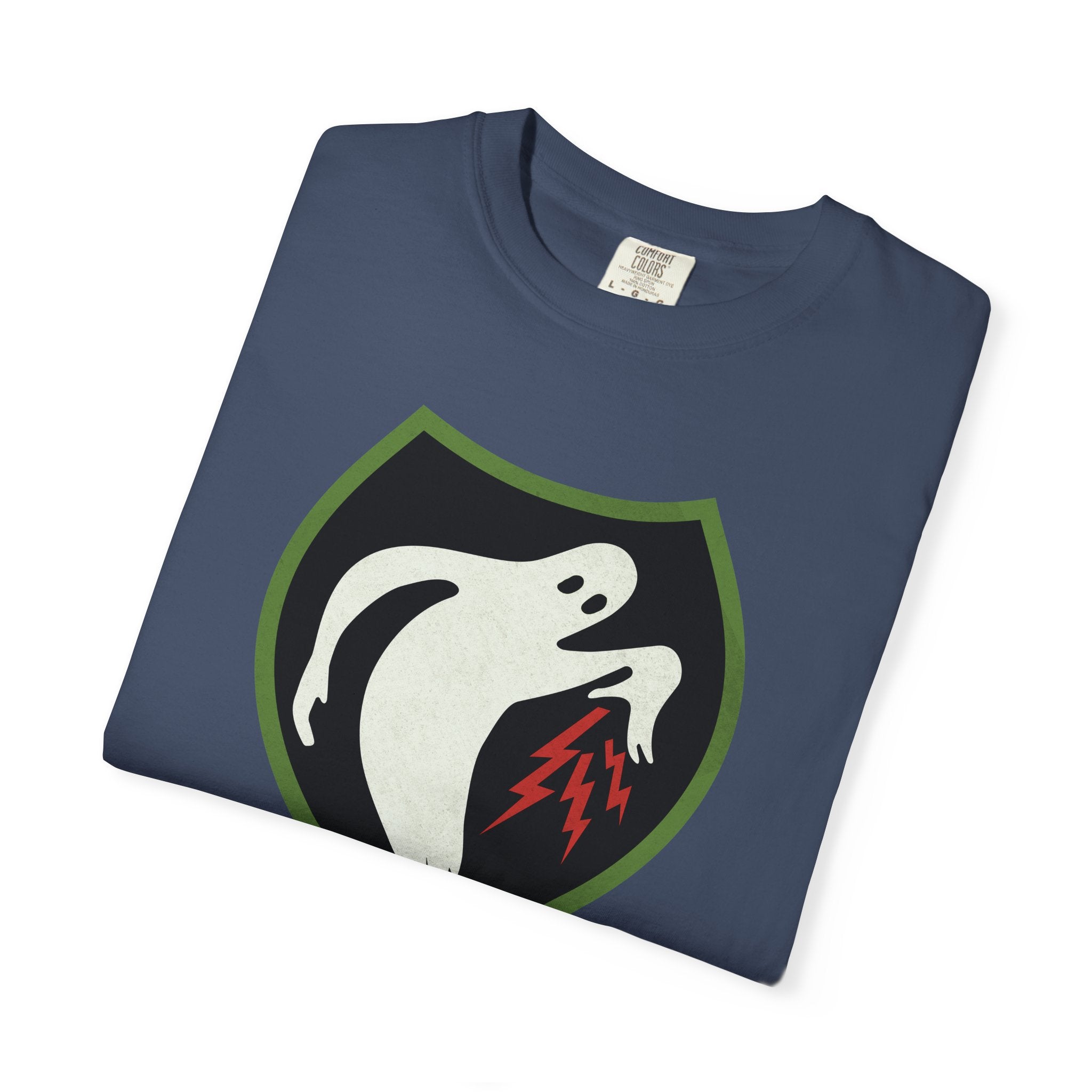 Folded Ghost Army 23rd Special Troops WWII insignia t-shirt in midnight on Comfort Colors blank