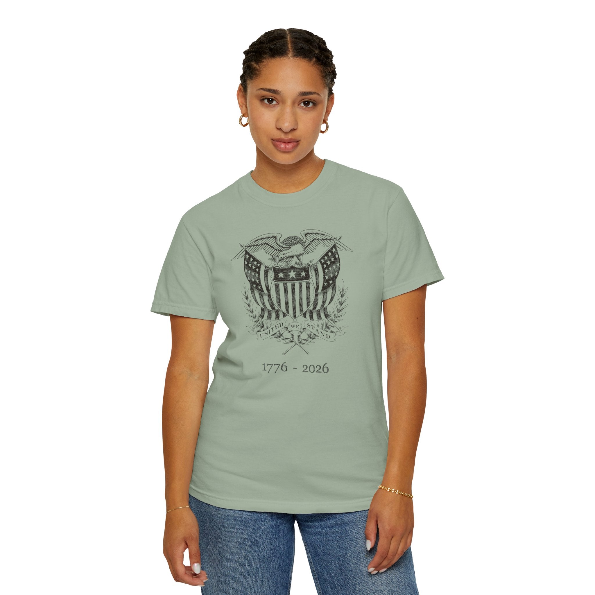 Woman wearing a bay United We Stand eagle t-shirt