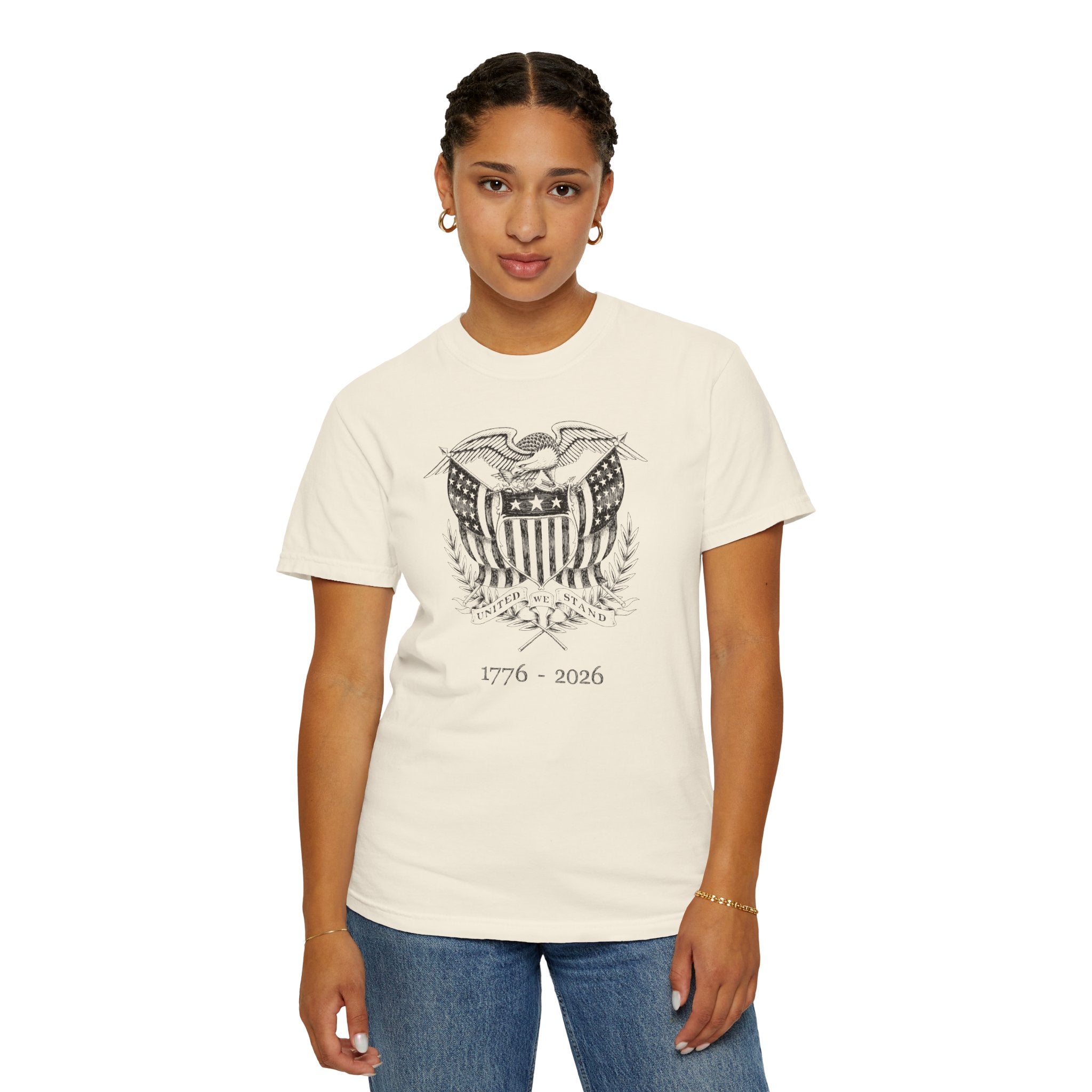 Woman wearing an ivory United We Stand eagle t-shirt
