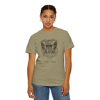 Woman wearing a khaki United We Stand eagle t-shirt