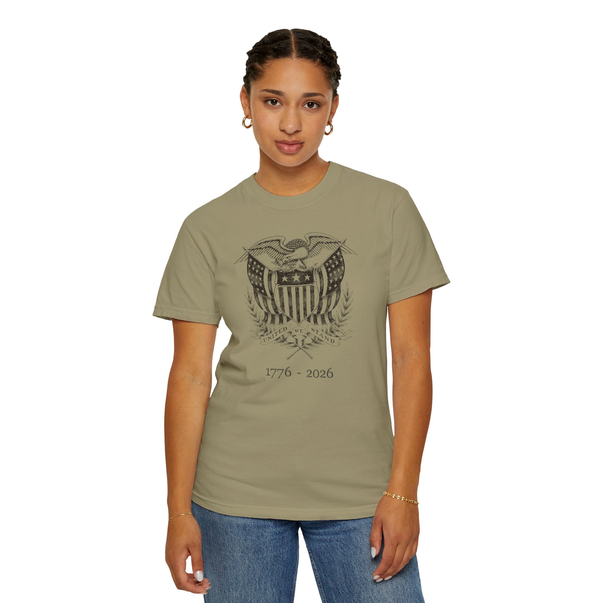 Woman wearing a khaki United We Stand eagle t-shirt