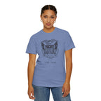 Woman wearing a washed denim United We Stand eagle t-shirt