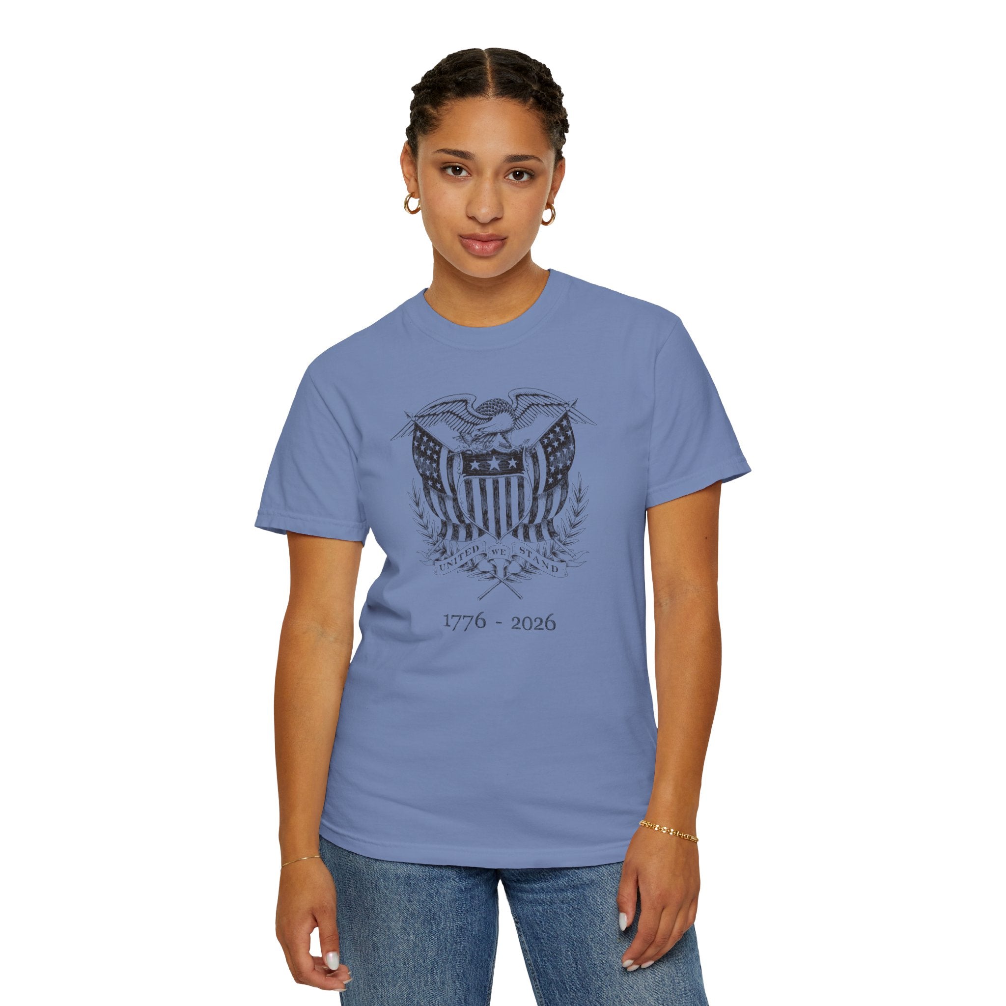 Woman wearing a washed denim United We Stand eagle t-shirt