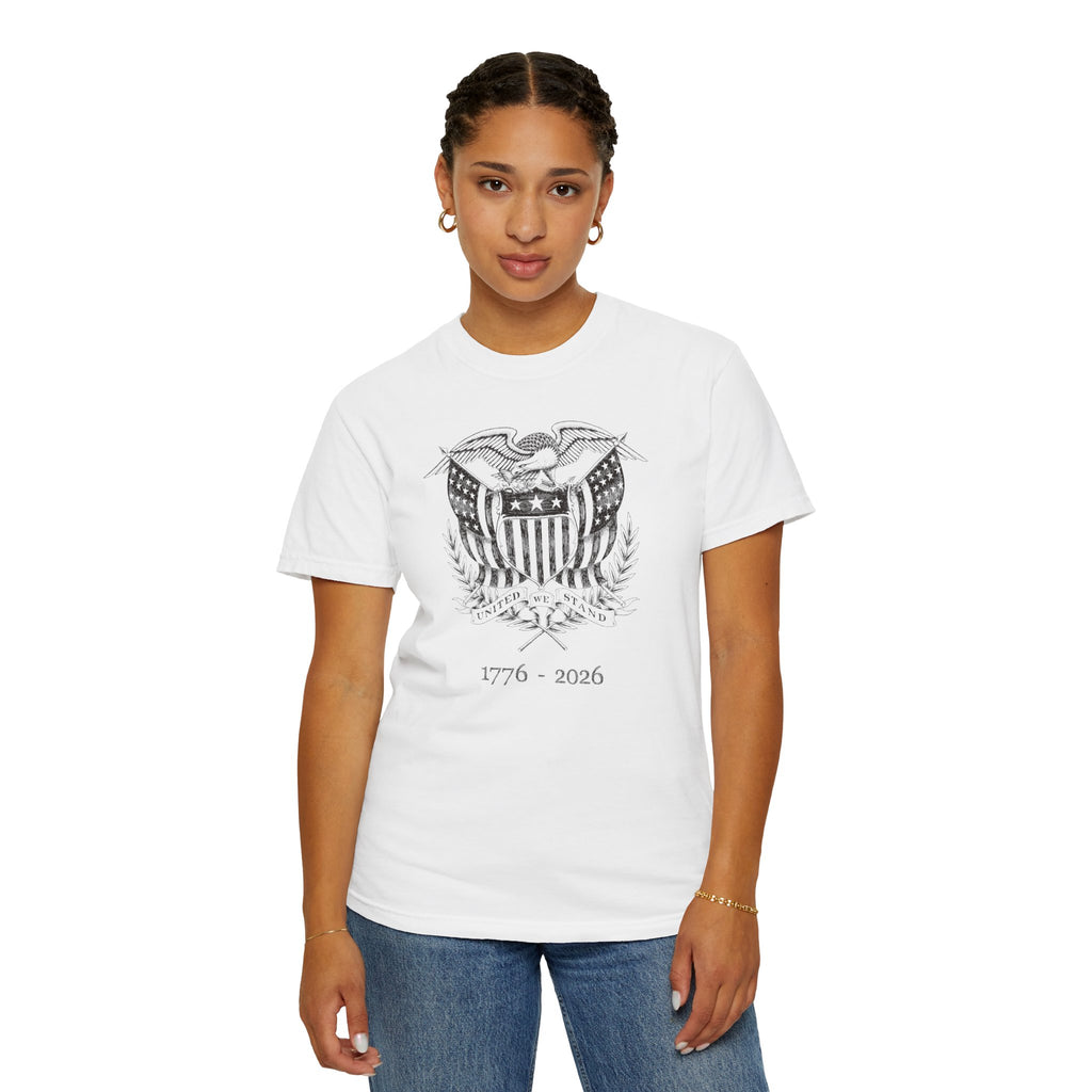 Woman wearing a white United We Stand eagle t-shirt