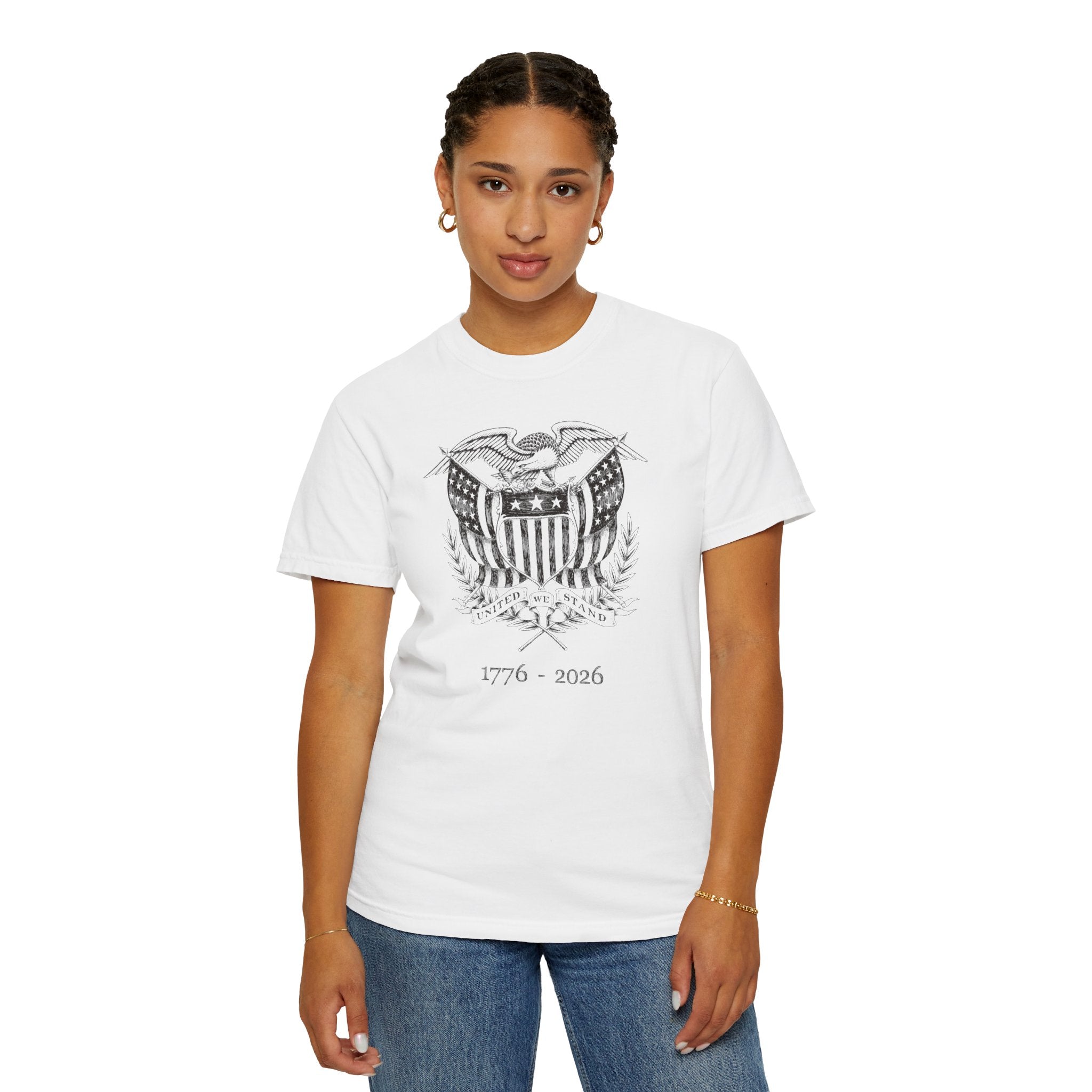 Woman wearing a white United We Stand eagle t-shirt