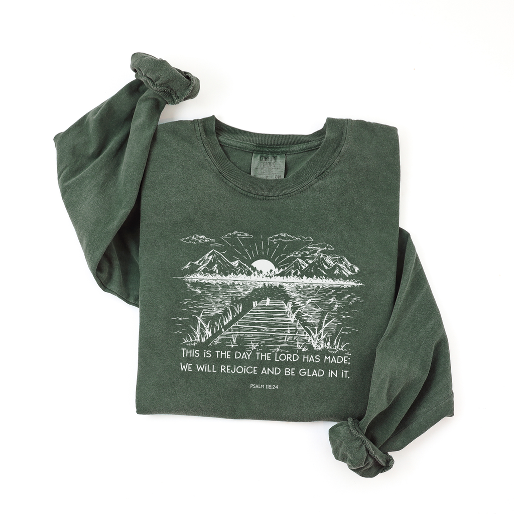 Psalm 118:24 with nature graphic on hemp long sleeve t-shirt