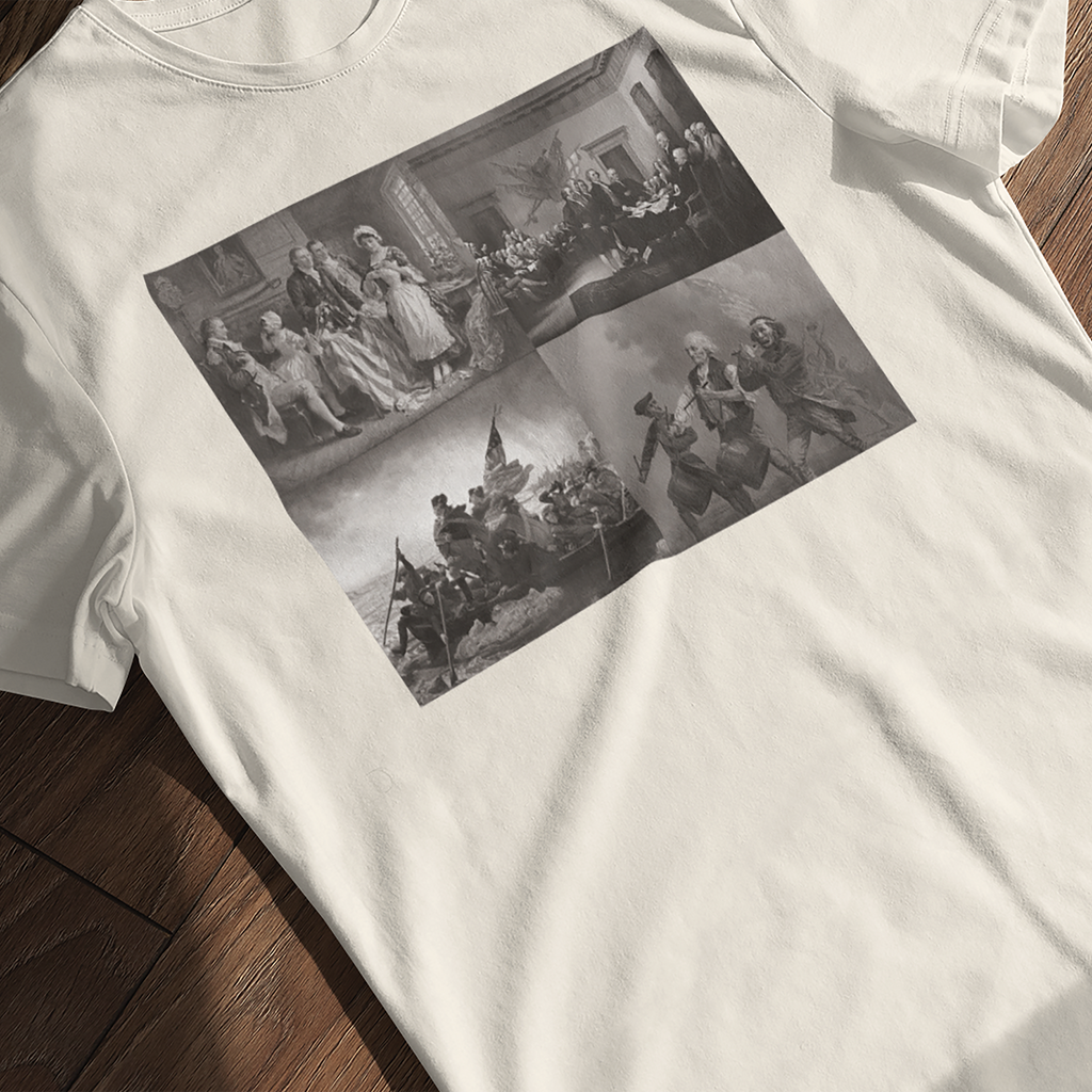 Revolutionary Legacy montage t-shirt with Declaration of Independence, Crossing the Delaware, Betsy Ross, and Spirit of '76 icons in ivory